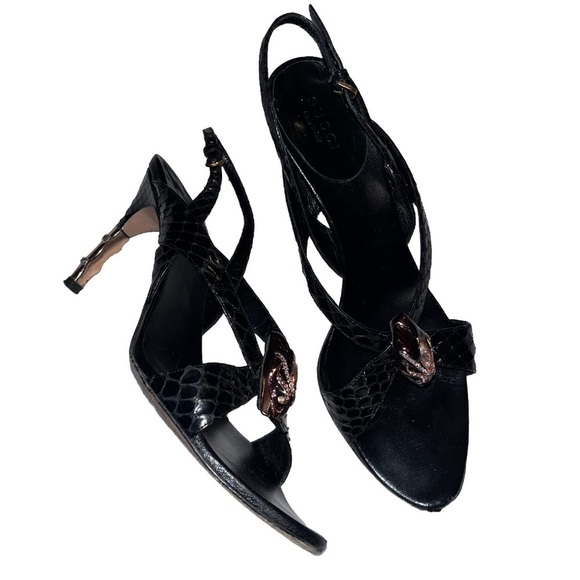 GUCCI sandals Tom Ford snakehead 7 python slingback heels leather black gold box - Picture 5 of 13